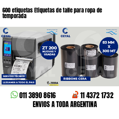 600 etiquetas Etiquetas de talle para ropa de temporada