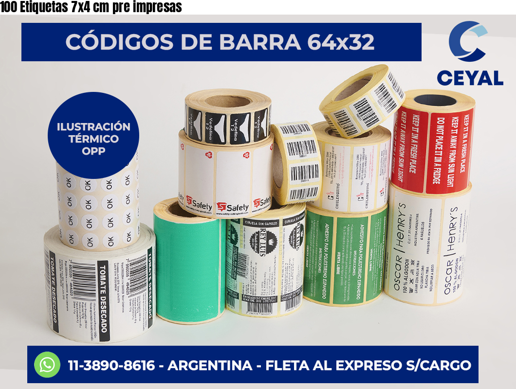 100 Etiquetas 7×4 cm pre impresas
