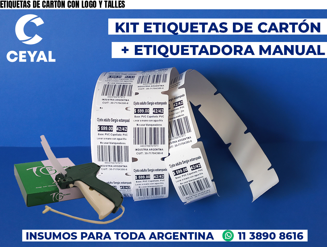 ETIQUETAS DE CARTÓN CON LOGO Y TALLES