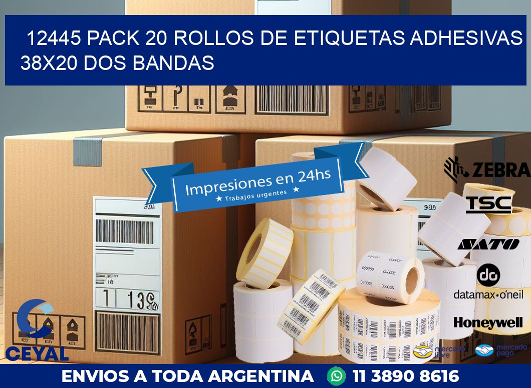 12445 PACK 20 ROLLOS DE ETIQUETAS ADHESIVAS 38X20 DOS BANDAS