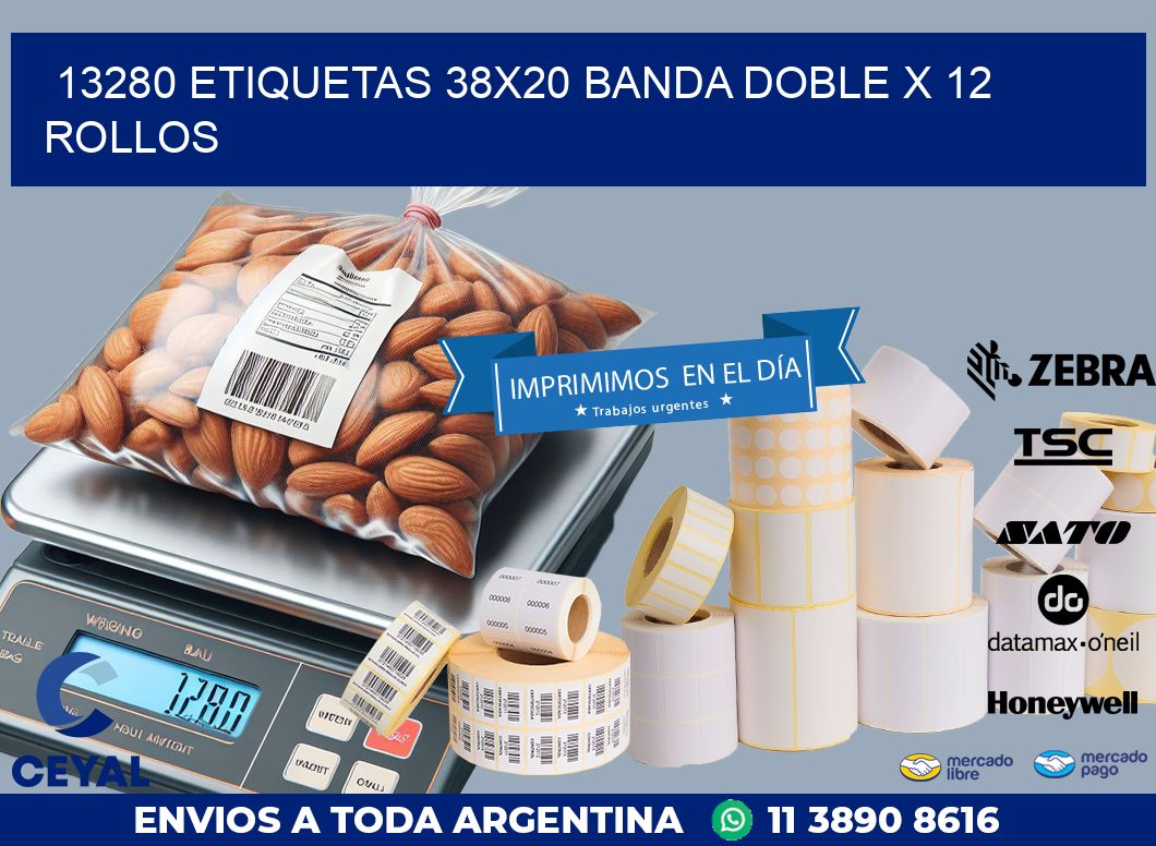 13280 ETIQUETAS 38X20 BANDA DOBLE X 12 ROLLOS