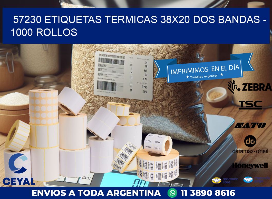 57230 ETIQUETAS TERMICAS 38X20 DOS BANDAS – 1000 ROLLOS