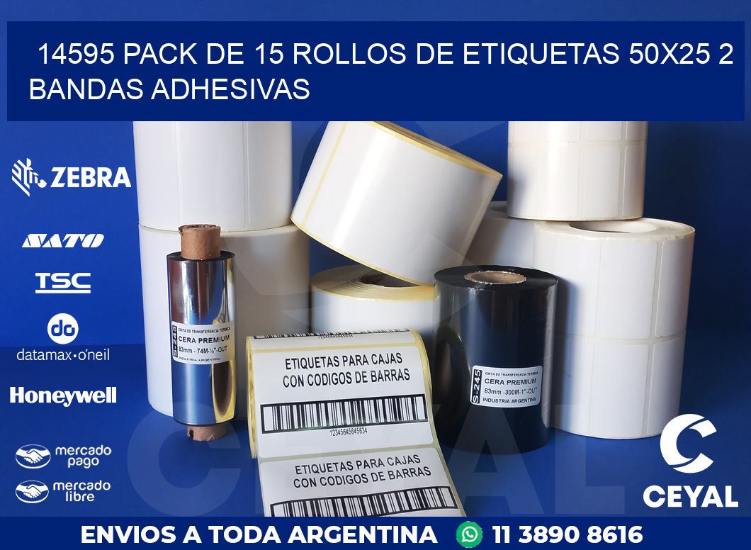 14595 PACK DE 15 ROLLOS DE ETIQUETAS 50X25 2 BANDAS ADHESIVAS