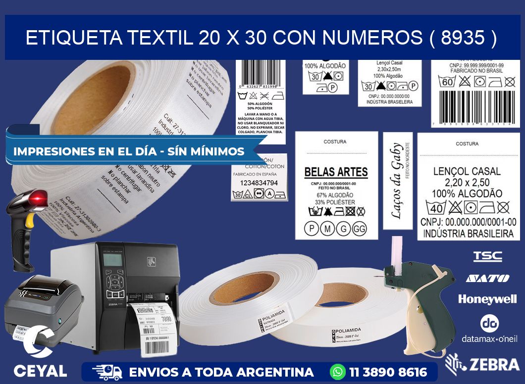 ETIQUETA TEXTIL 20 X 30 CON NUMEROS ( 8935 )