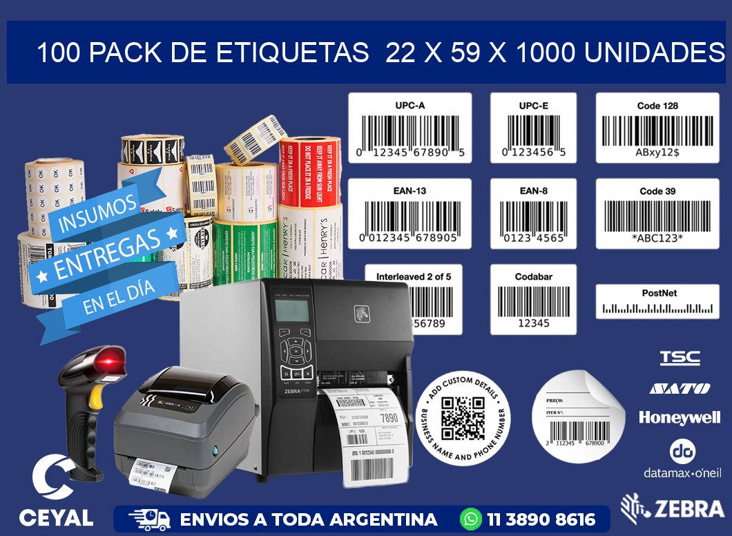 100 PACK DE ETIQUETAS 22 x 59 X 1000 UNIDADES