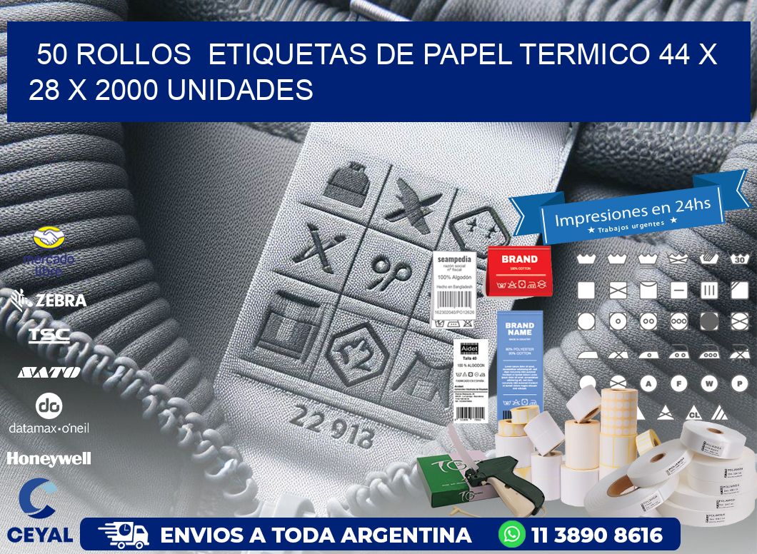 50 ROLLOS ETIQUETAS DE PAPEL TERMICO 44 x 28 X 2000 UNIDADES