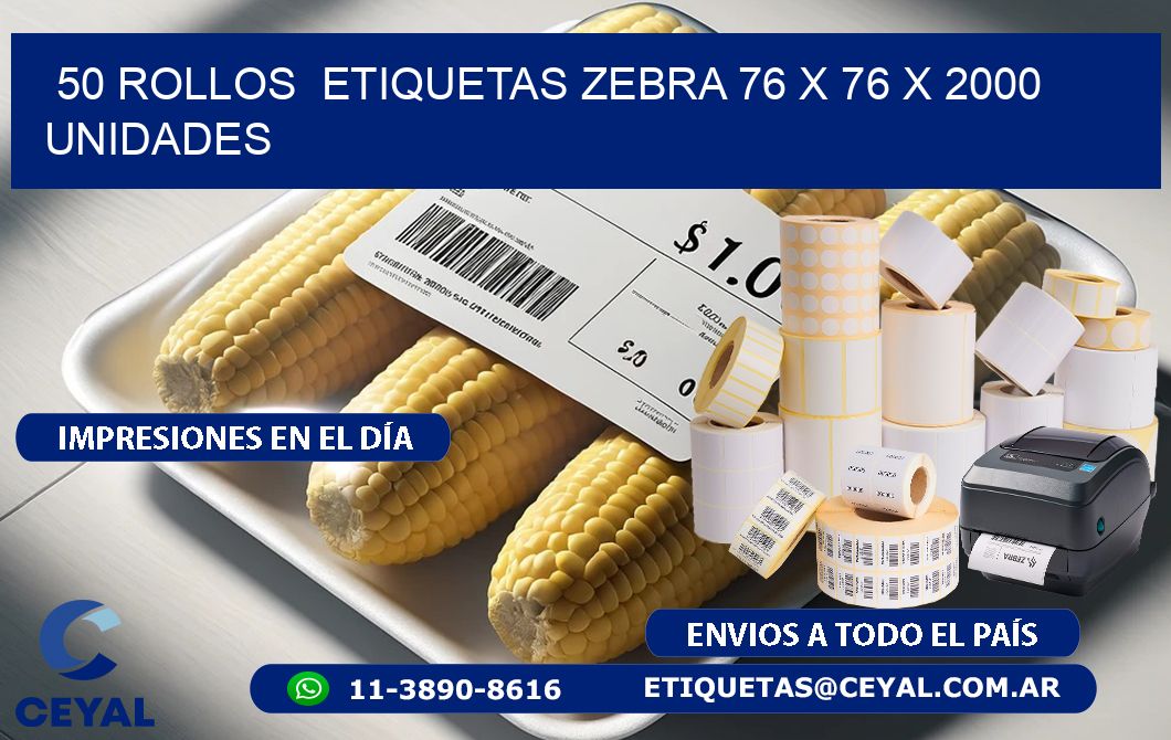 50 ROLLOS ETIQUETAS ZEBRA 76 x 76 X 2000 UNIDADES