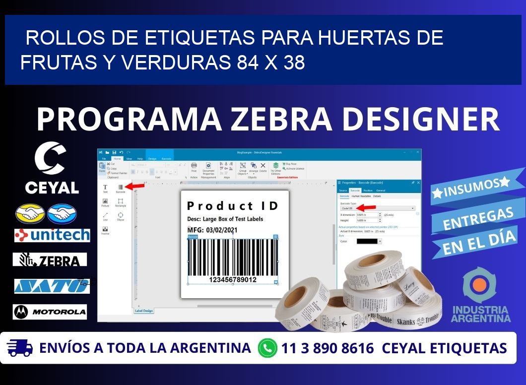 ROLLOS DE ETIQUETAS PARA HUERTAS DE FRUTAS Y VERDURAS 84 x 38