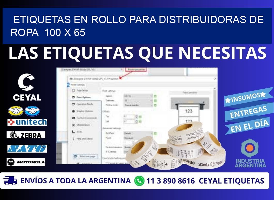 ETIQUETAS EN ROLLO PARA DISTRIBUIDORAS DE ROPA 100 x 65