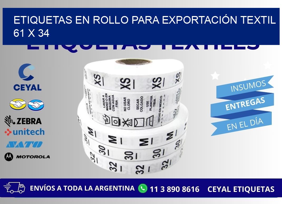 ETIQUETAS EN ROLLO PARA EXPORTACIÓN TEXTIL 61 x 34