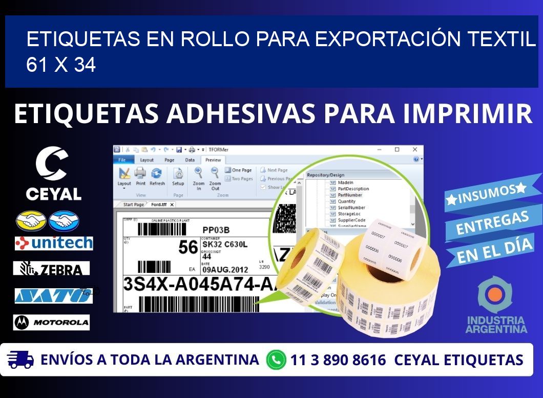 ETIQUETAS EN ROLLO PARA EXPORTACIÓN TEXTIL 61 x 34