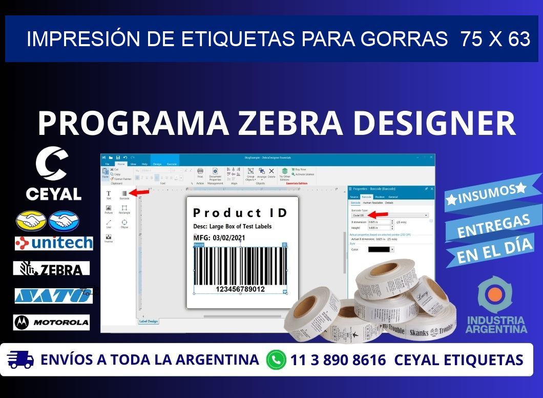 IMPRESIÓN DE ETIQUETAS PARA GORRAS 75 x 63
