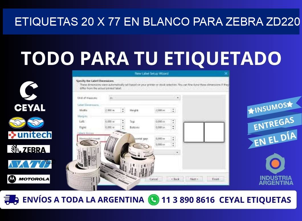 Etiquetas 20 x 77 en blanco para zebra zd220