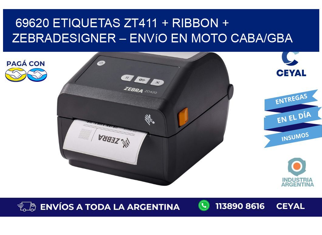 69620 ETIQUETAS ZT411 + Ribbon + ZebraDesigner – Envío en moto CABA/GBA