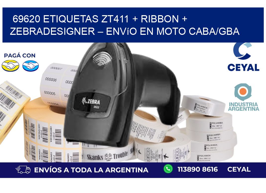 69620 ETIQUETAS ZT411 + Ribbon + ZebraDesigner – Envío en moto CABA/GBA