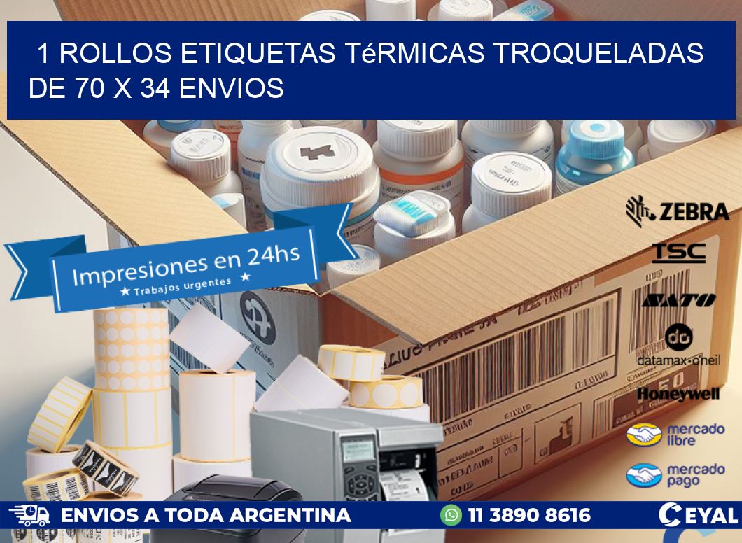 1 Rollos Etiquetas Térmicas Troqueladas De 70 x 34 ENVIOS