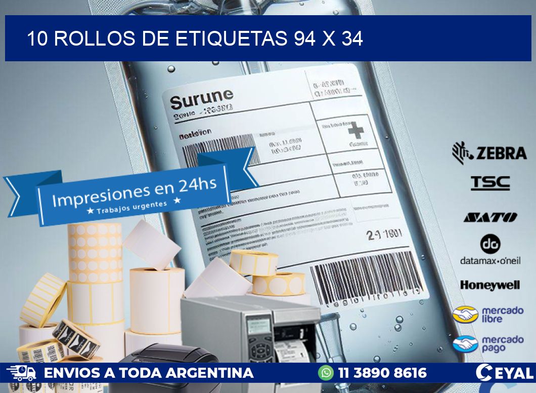 10 ROLLOS DE ETIQUETAS 94 x 34