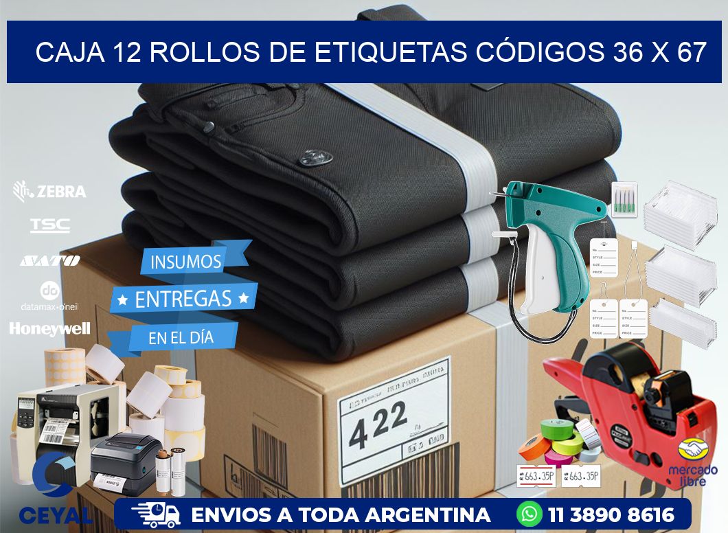 CAJA 12 ROLLOS DE ETIQUETAS CÓDIGOS 36 x 67