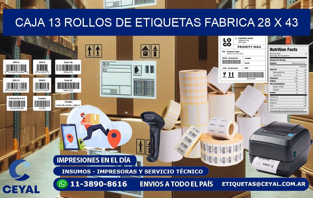 CAJA 13 ROLLOS DE ETIQUETAS FABRICA 28 x 43