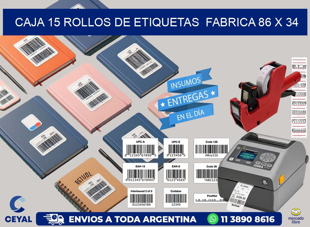 CAJA 15 ROLLOS DE ETIQUETAS FABRICA 86 x 34