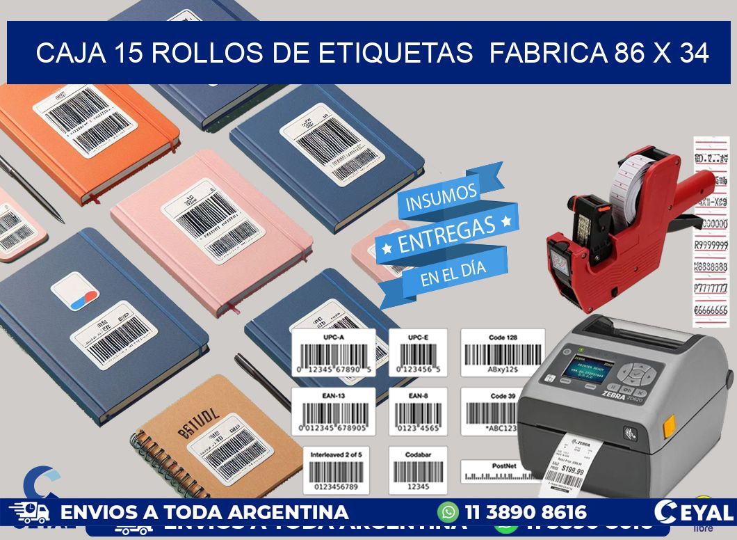 CAJA 15 ROLLOS DE ETIQUETAS FABRICA 86 x 34