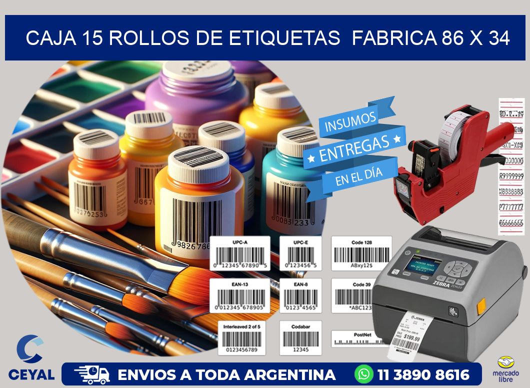 CAJA 15 ROLLOS DE ETIQUETAS FABRICA 86 x 34