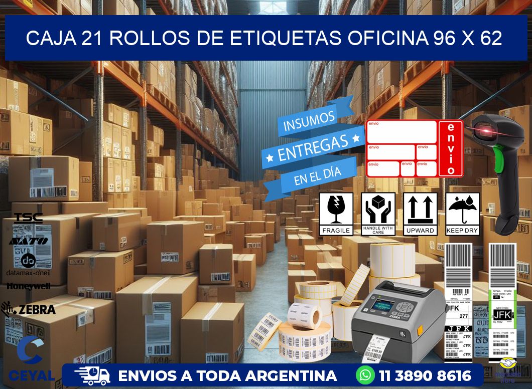 CAJA 21 ROLLOS DE ETIQUETAS OFICINA 96 x 62