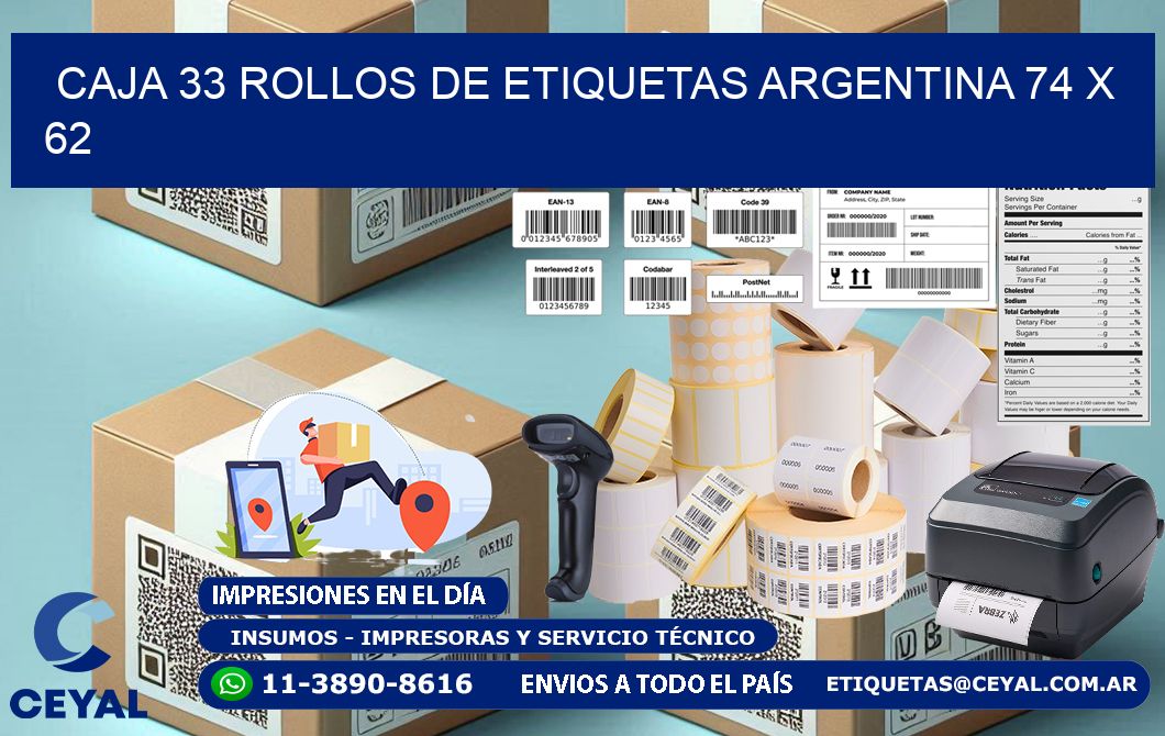 CAJA 33 ROLLOS DE ETIQUETAS ARGENTINA 74 x 62
