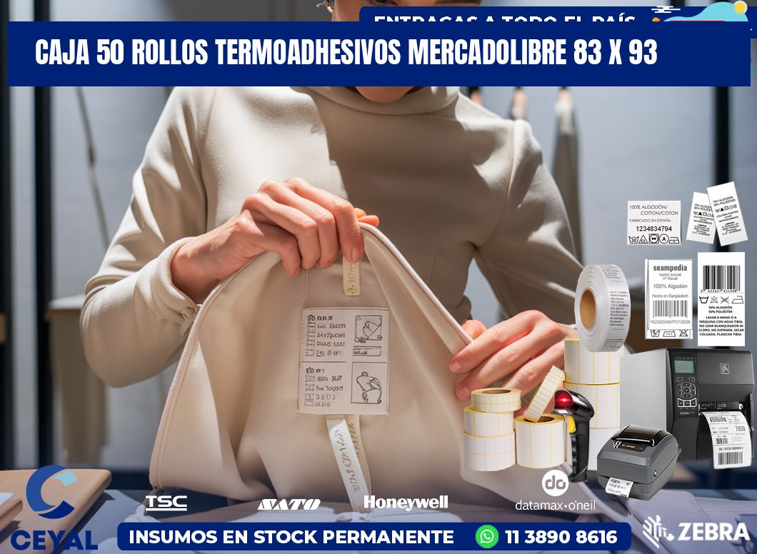 CAJA 50 ROLLOS TERMOADHESIVOS MERCADOLIBRE 83 x 93