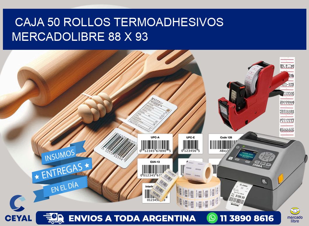 CAJA 50 ROLLOS TERMOADHESIVOS MERCADOLIBRE 88 x 93