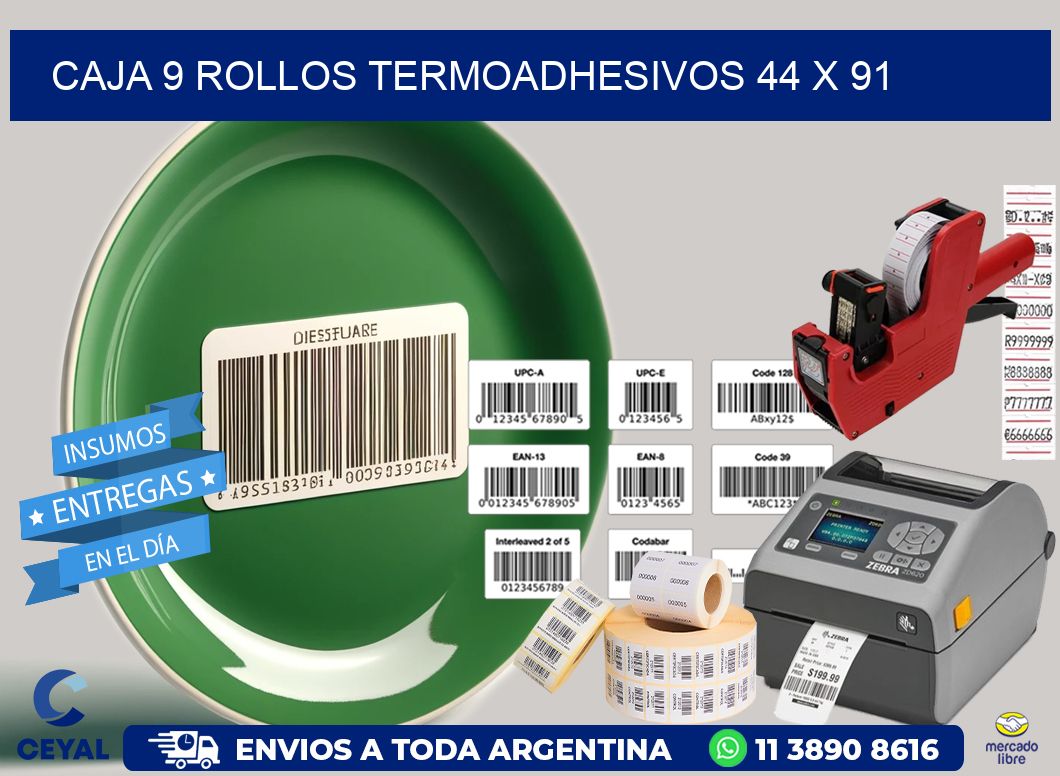 CAJA 9 ROLLOS TERMOADHESIVOS 44 x 91