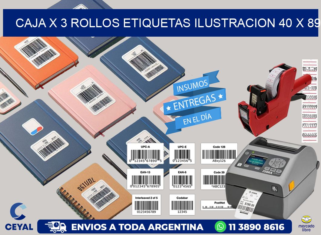 Caja X 3 Rollos Etiquetas Ilustracion 40 x 89