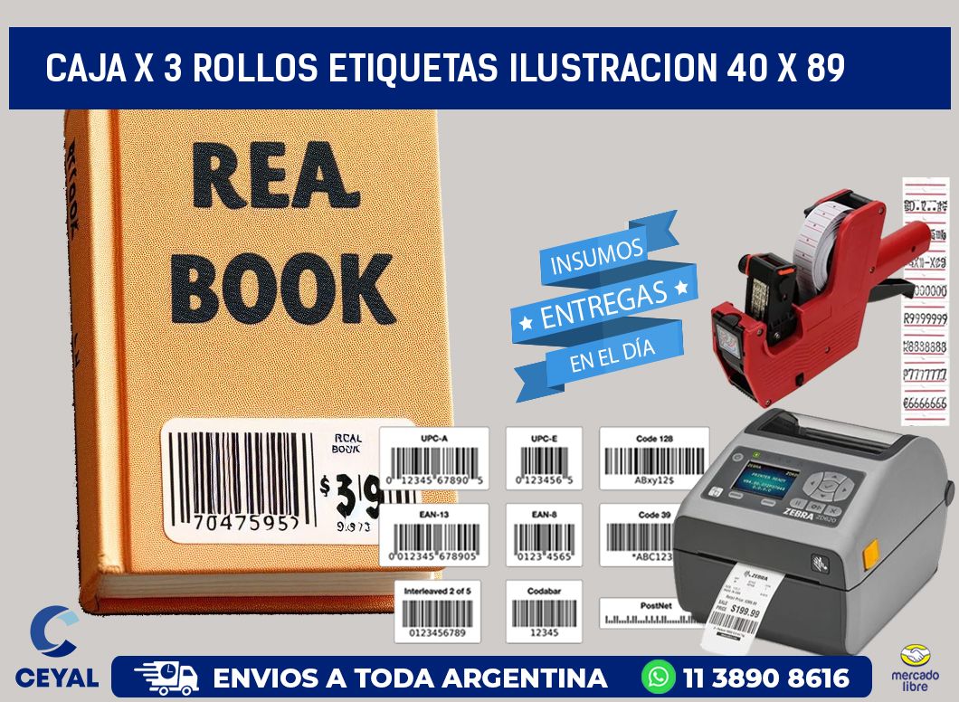 Caja X 3 Rollos Etiquetas Ilustracion 40 x 89