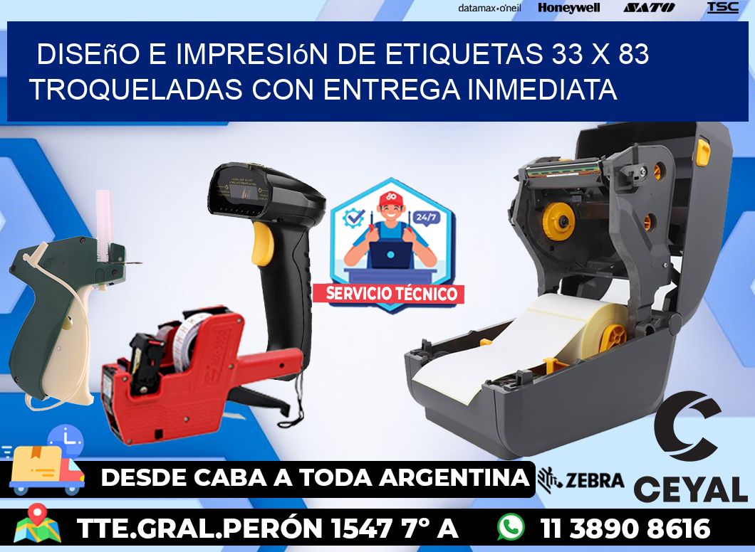 Diseño e impresión de etiquetas 33 x 83 troqueladas con entrega inmediata