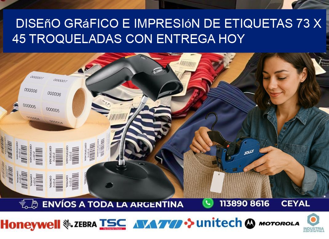 Diseño gráfico e impresión de etiquetas 73 x 45 troqueladas con entrega hoy