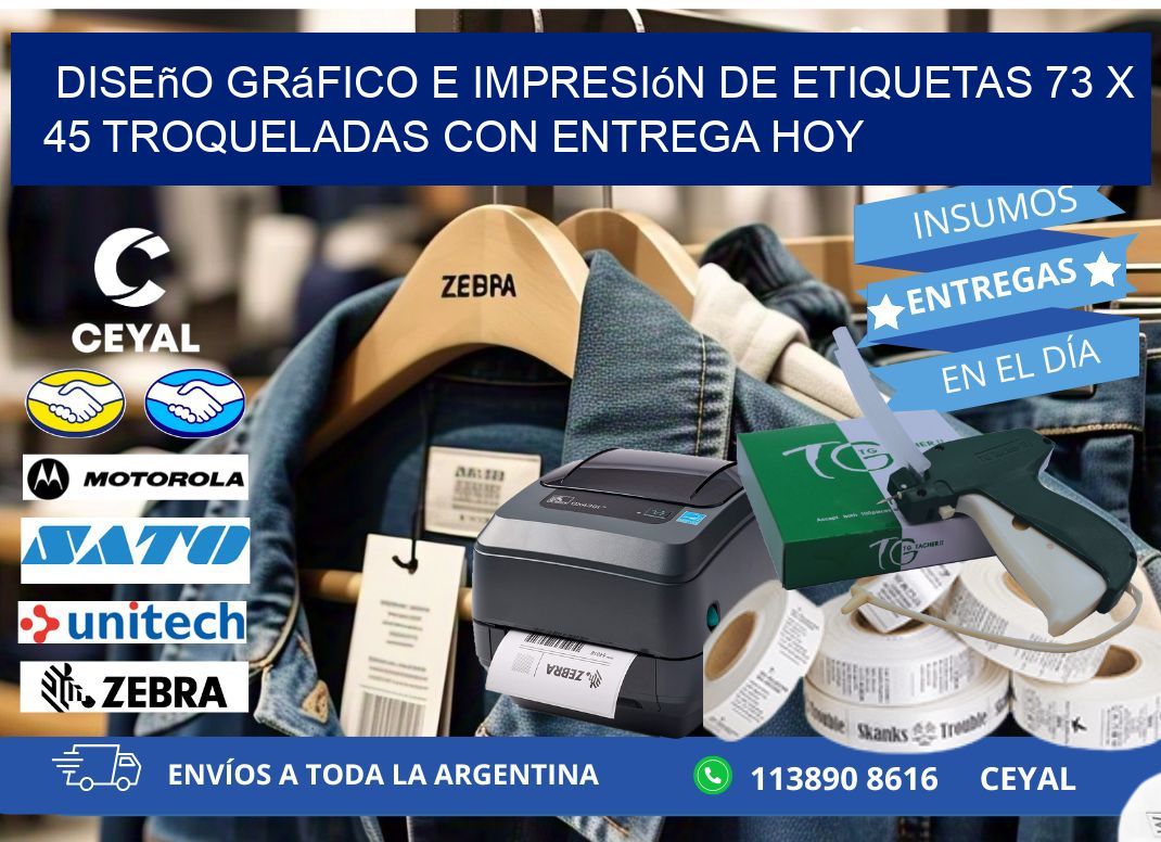 Diseño gráfico e impresión de etiquetas 73 x 45 troqueladas con entrega hoy
