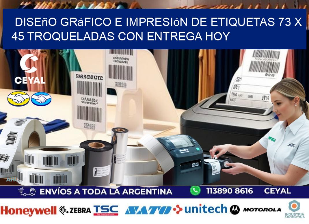 Diseño gráfico e impresión de etiquetas 73 x 45 troqueladas con entrega hoy