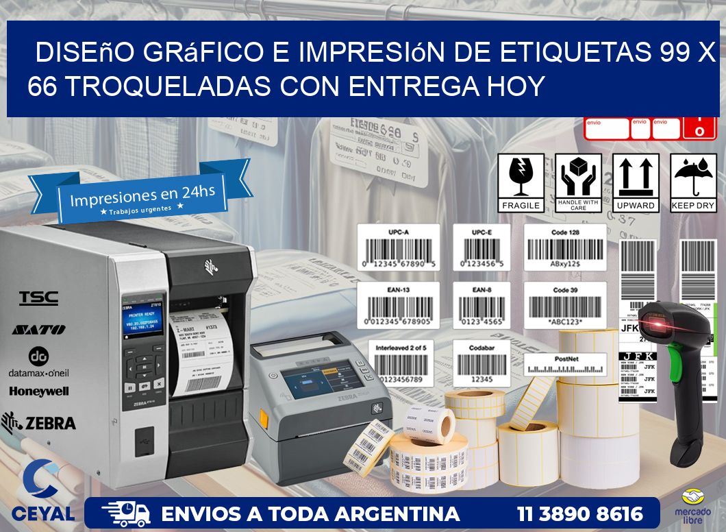 Diseño gráfico e impresión de etiquetas 99 x 66 troqueladas con entrega hoy