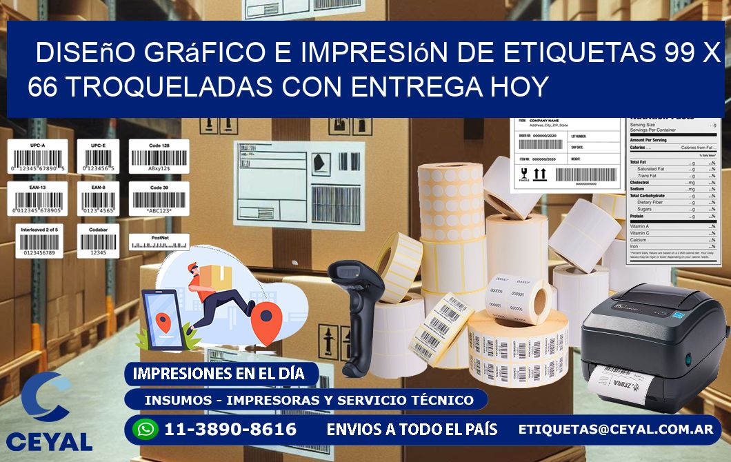 Diseño gráfico e impresión de etiquetas 99 x 66 troqueladas con entrega hoy