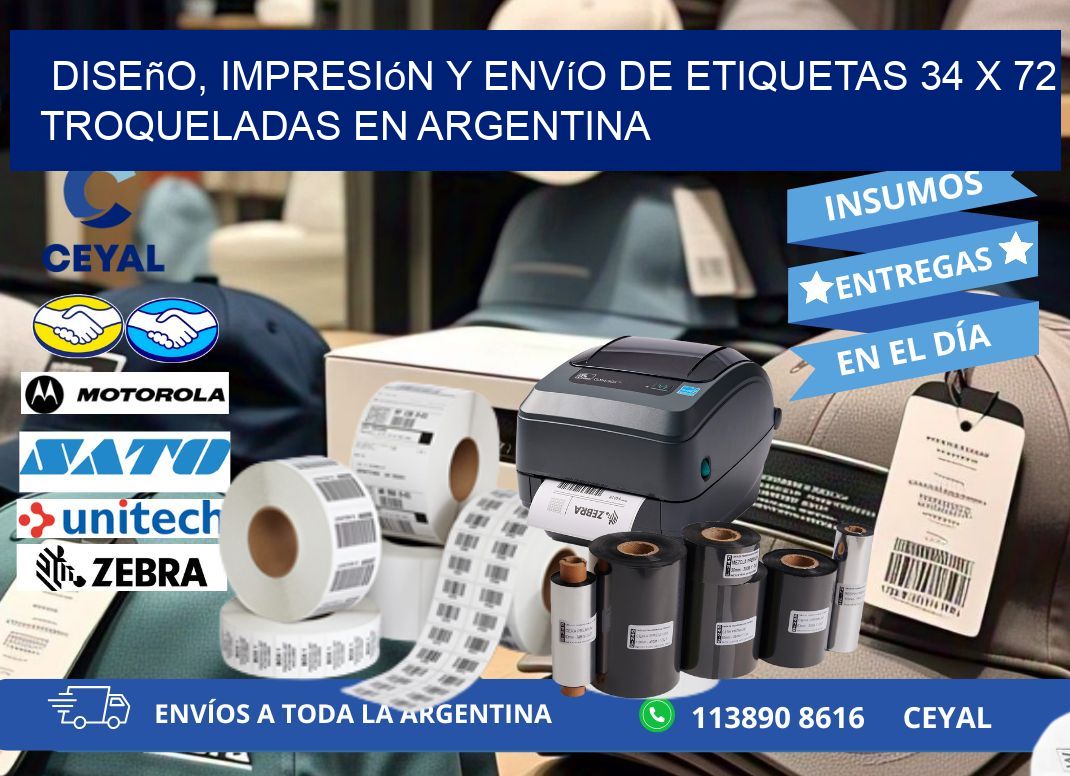 Diseño, impresión y envío de etiquetas 34 x 72 troqueladas en Argentina