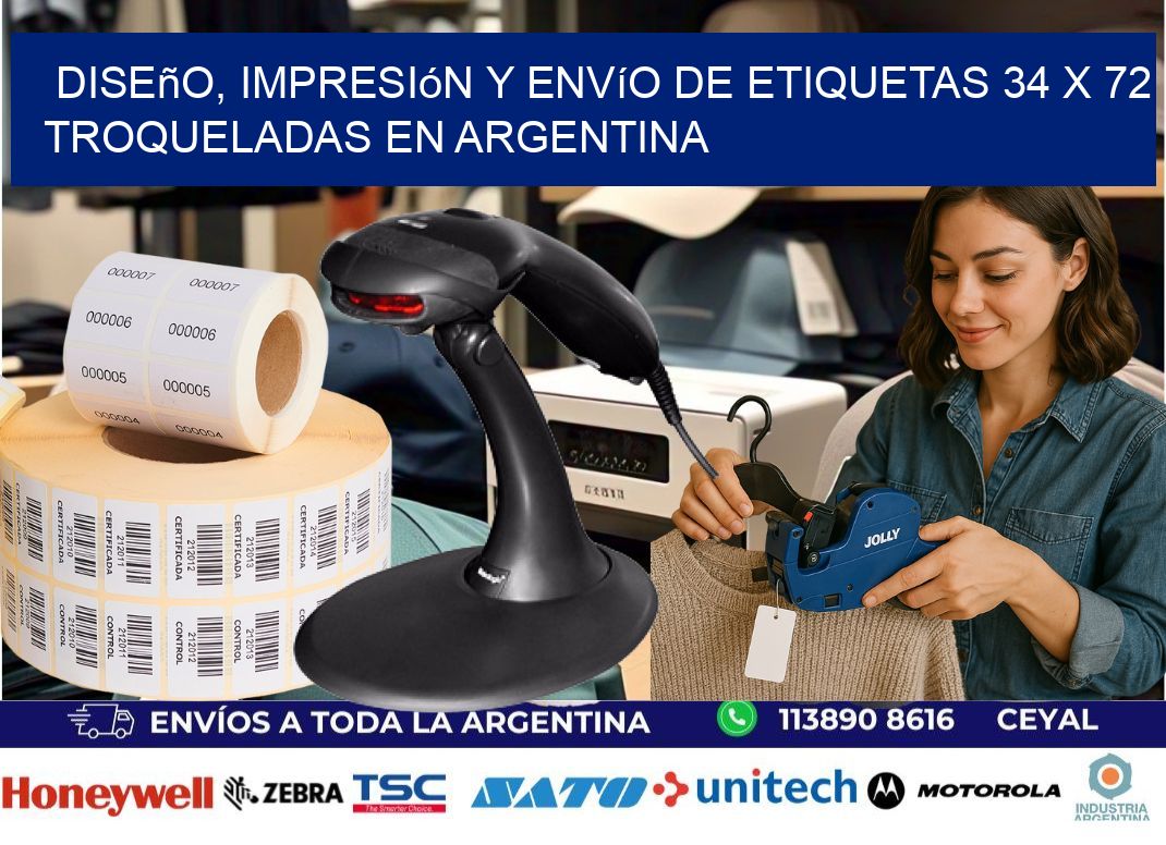 Diseño, impresión y envío de etiquetas 34 x 72 troqueladas en Argentina