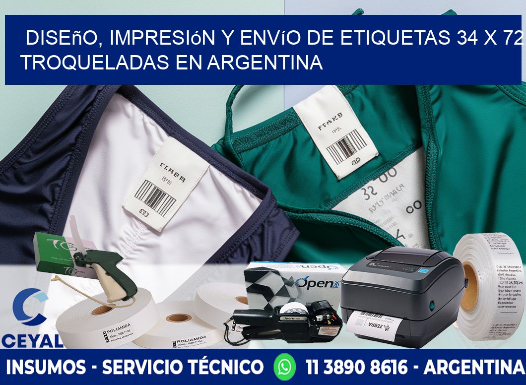 Diseño, impresión y envío de etiquetas 34 x 72 troqueladas en Argentina