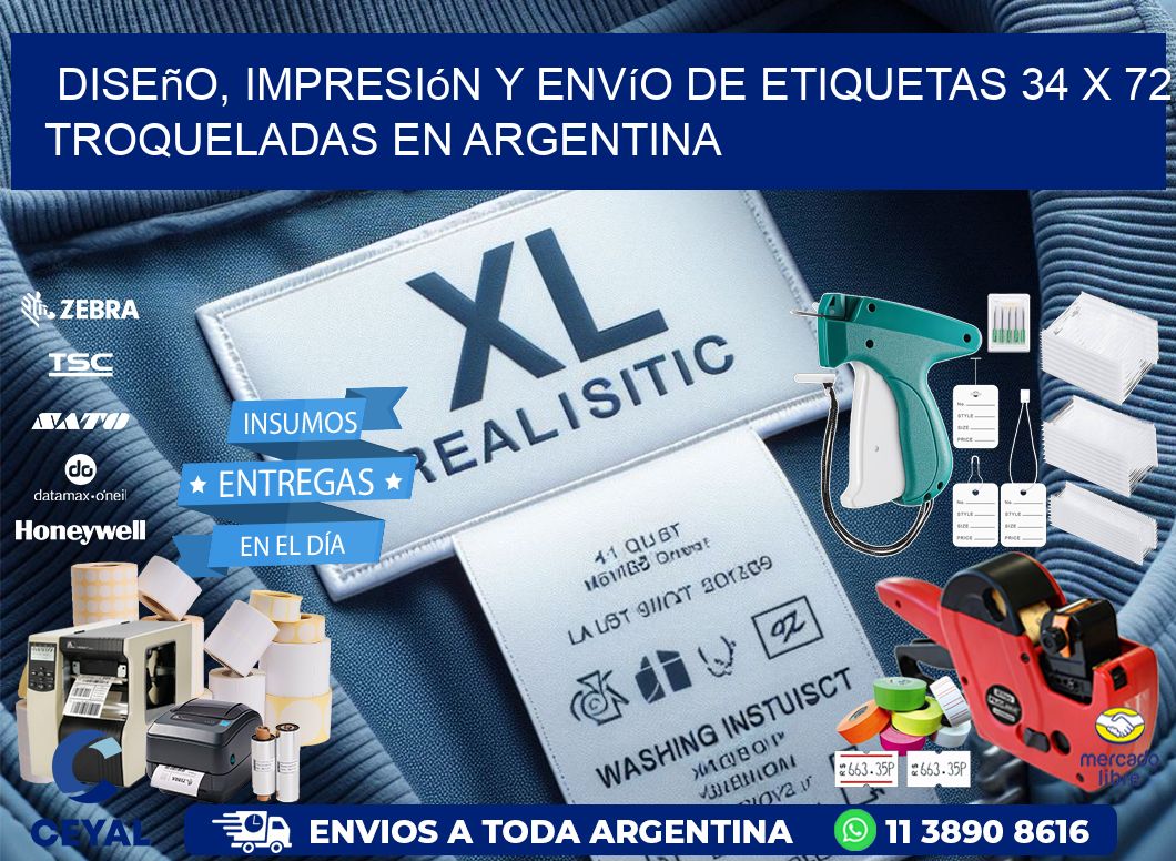 Diseño, impresión y envío de etiquetas 34 x 72 troqueladas en Argentina