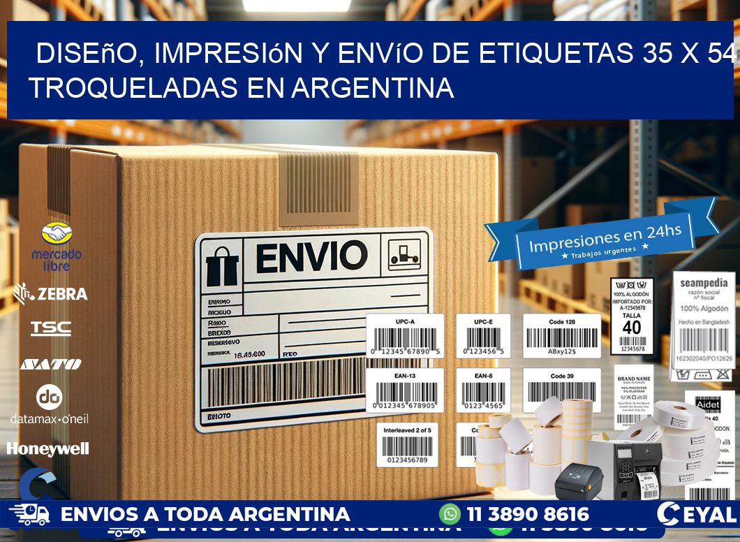 Diseño, impresión y envío de etiquetas 35 x 54 troqueladas en Argentina