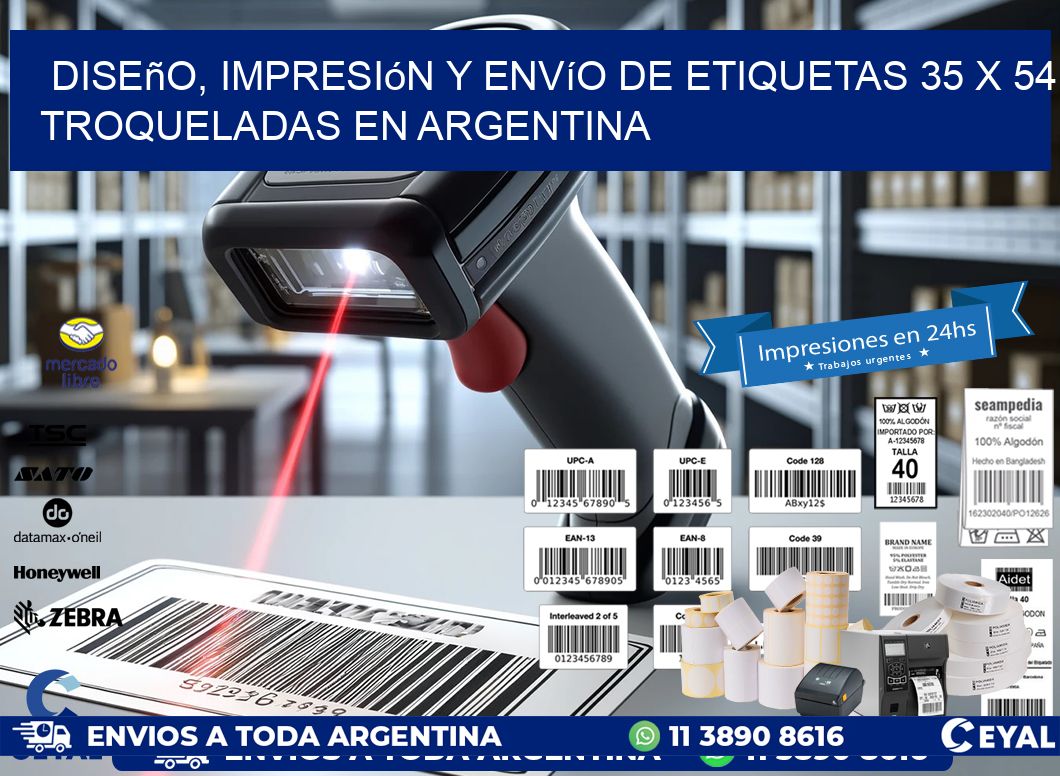 Diseño, impresión y envío de etiquetas 35 x 54 troqueladas en Argentina
