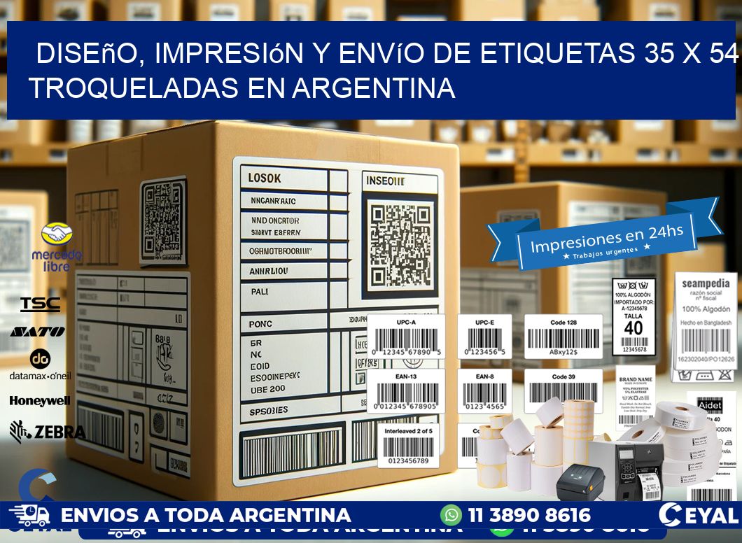 Diseño, impresión y envío de etiquetas 35 x 54 troqueladas en Argentina