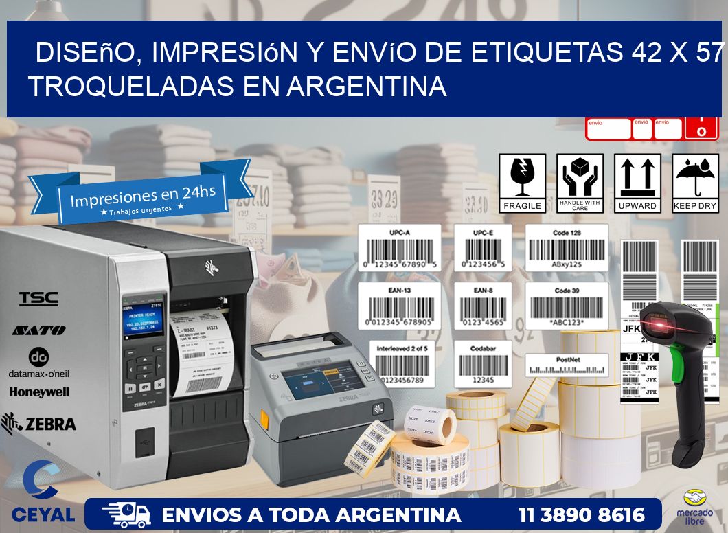 Diseño, impresión y envío de etiquetas 42 x 57 troqueladas en Argentina
