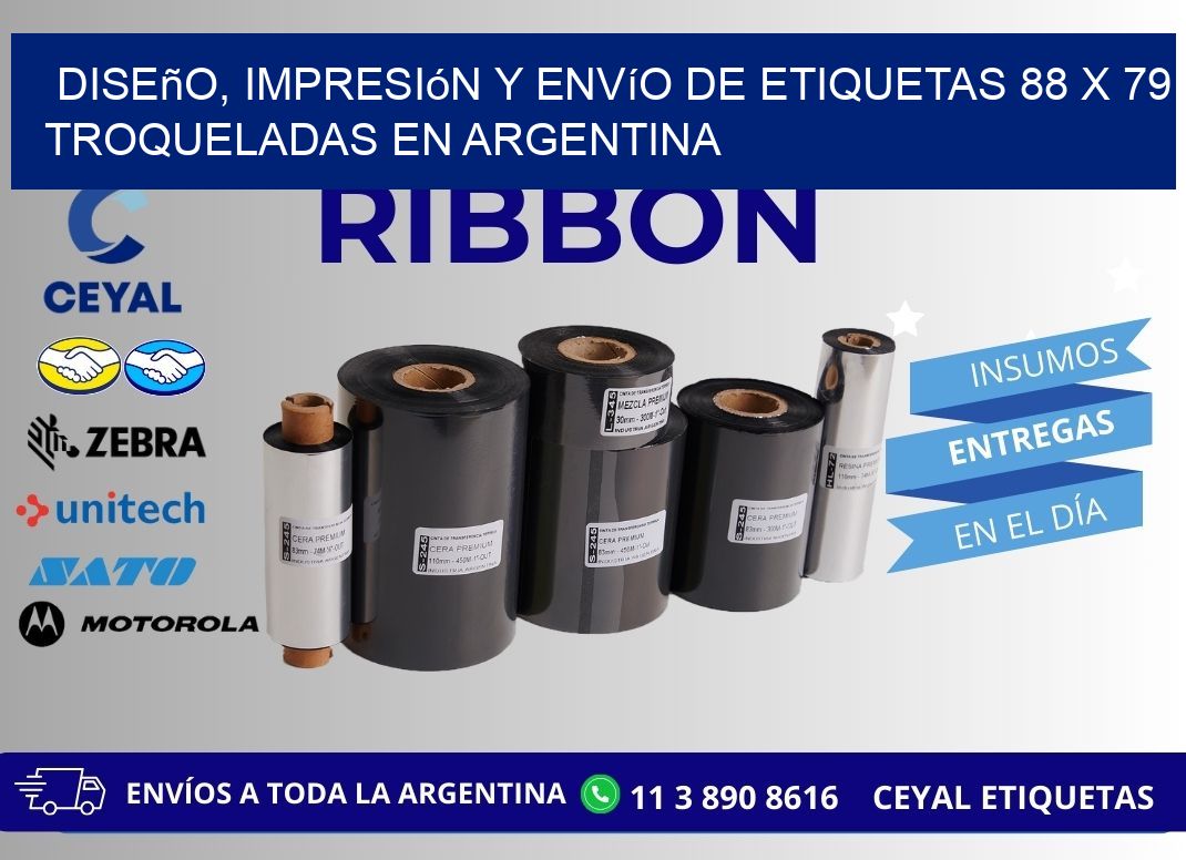Diseño, impresión y envío de etiquetas 88 x 79 troqueladas en Argentina