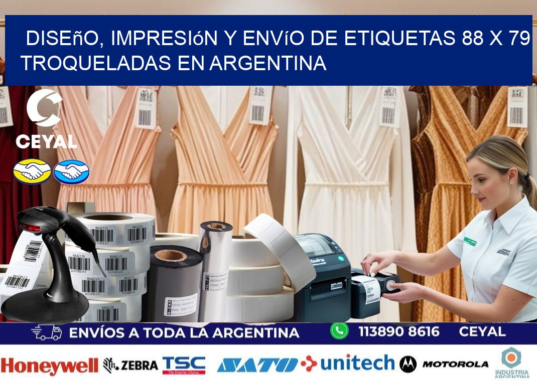 Diseño, impresión y envío de etiquetas 88 x 79 troqueladas en Argentina