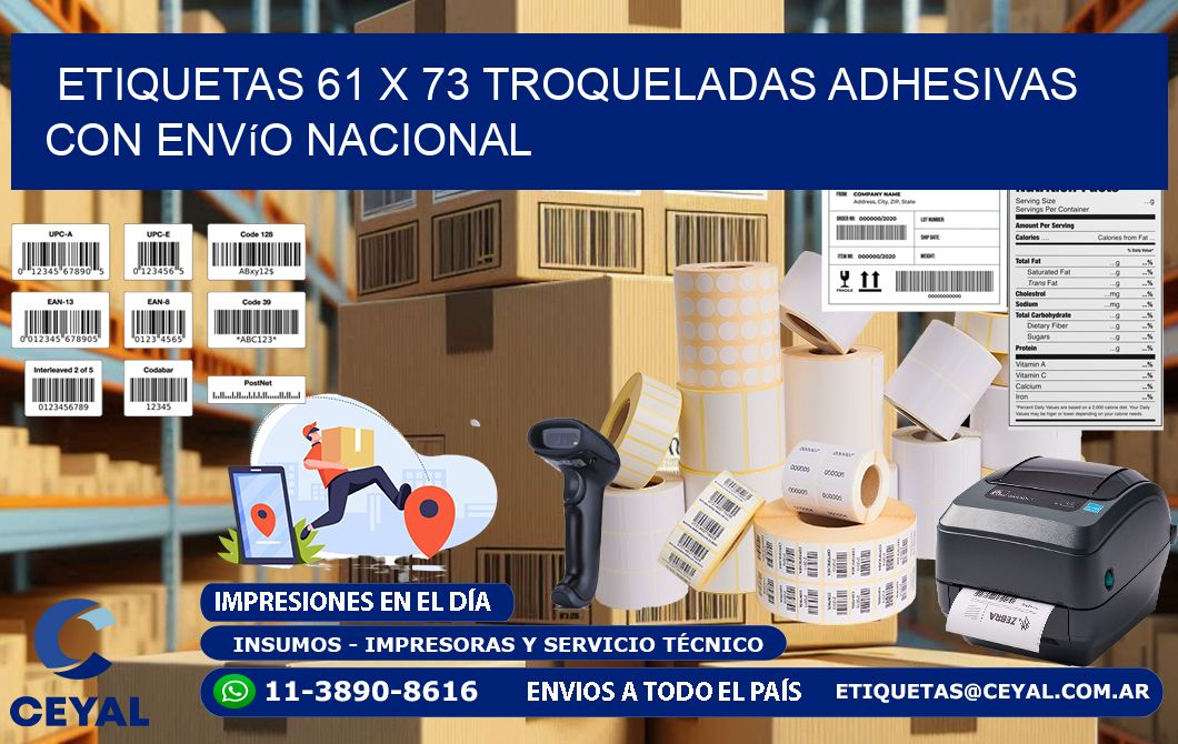 Etiquetas 61 x 73 troqueladas adhesivas con envío nacional